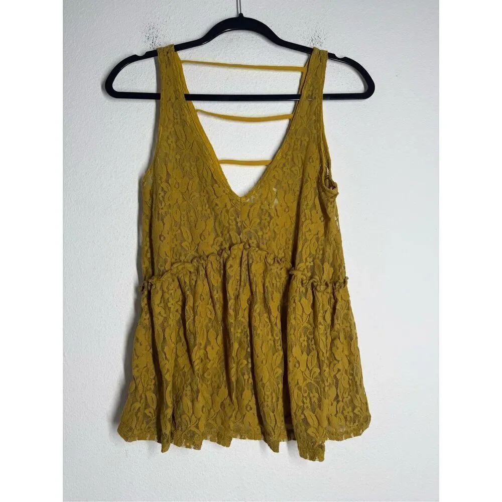 H.I.P. Y2K Vintage Camisole Top Mustard Yellow Dark Lace Boho Fairy Grunge Sz M